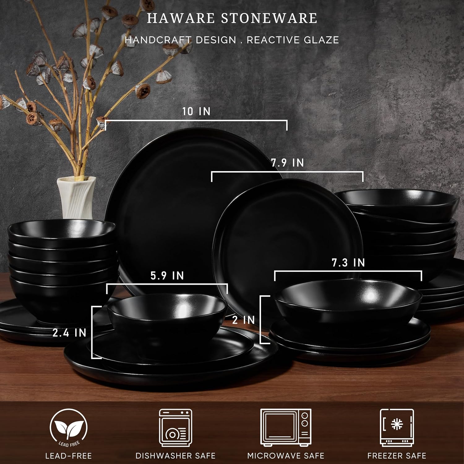 HaWare Plates and Bowls Set, Stoneware Dinnerware Sets, 24-Piece Hand-painted Dishware for 6, Ceramic Dish Set for Home Kitchen, Scratch Resistant, Microwave and Dishwasher Safe, Matte Black