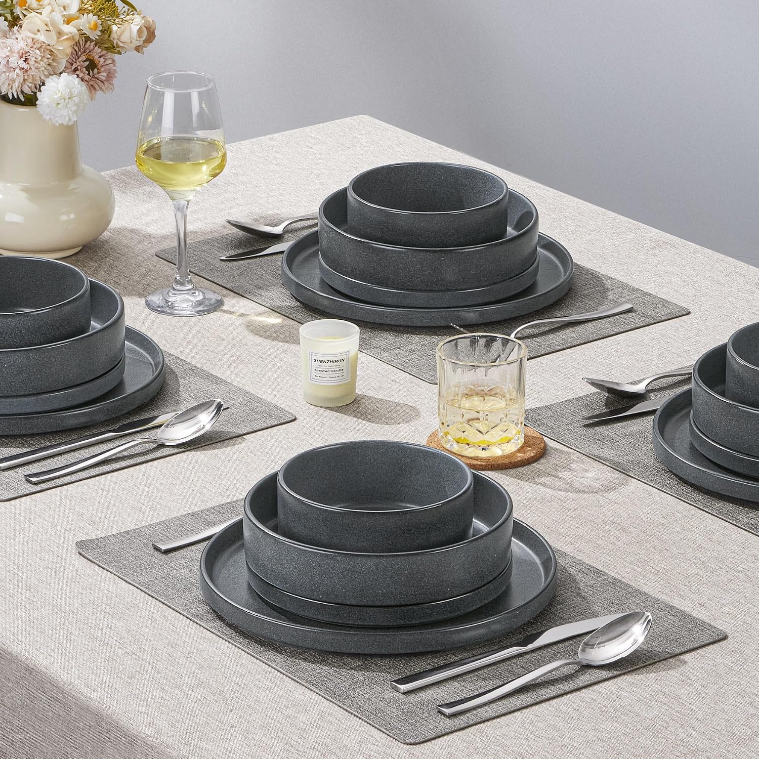 Herogo Dinnerware Dishes Sets with Salad Bowls, 24 Piece Plates and Bowls for 6, Dishwasher & Microwave Safe Ceramic Stoneware for Kitchen, Dark Gray