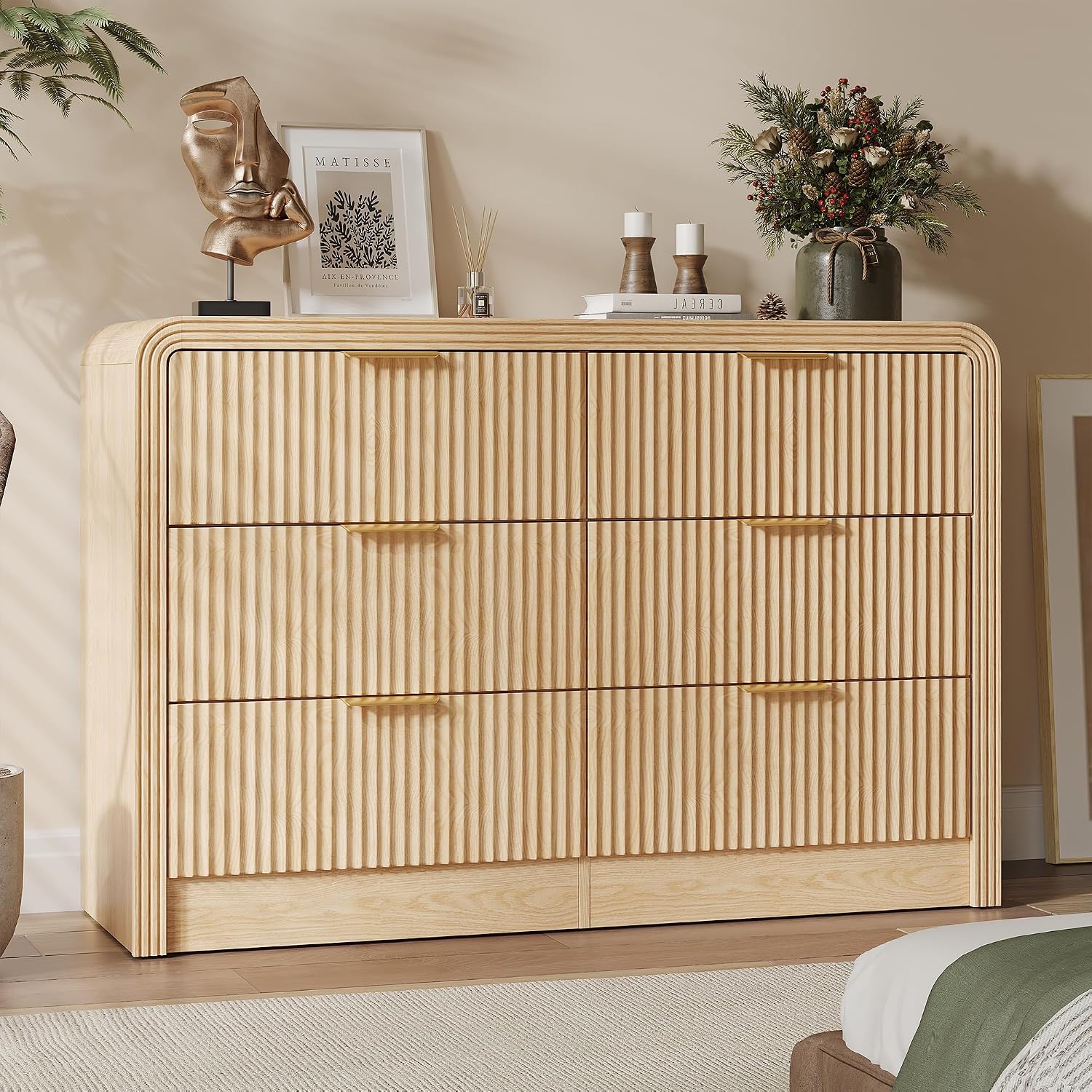 Decofy Fluted Drawers Dresser for Bedroom, Wood Dressers with Gold Handles, Modern Dressers with Wave Texture, Large Storage Chest of Drawers, Bedroom Dresser Organizer 47'' & 6 Drawers (Natural Oak)