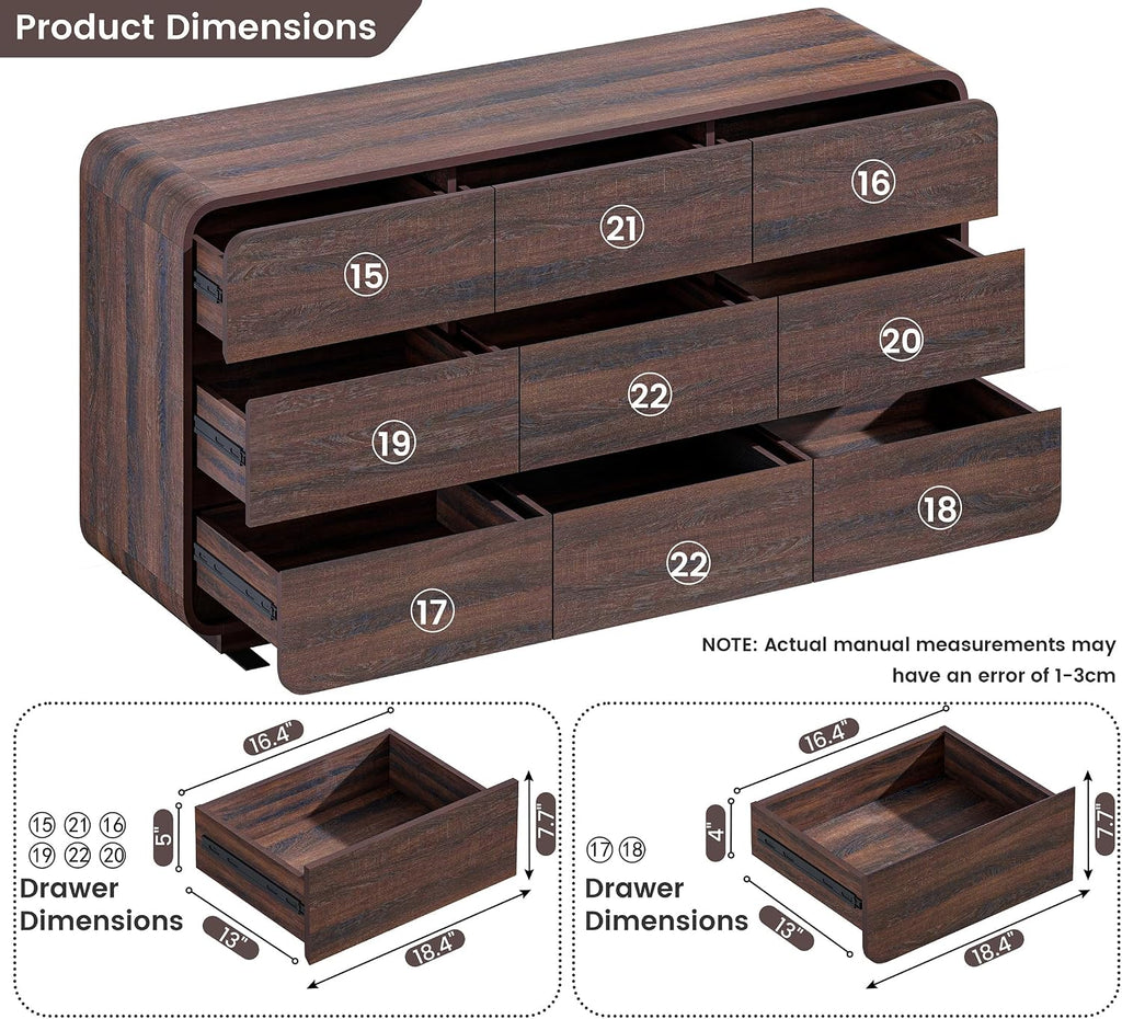 Standifurno 9 Drawer Double Dresser for Bedroom, Modern Curved Wood Chest Drawers of Handleless, Large Storage Dresser Bedroom, Living Room, Entryway, Walnut