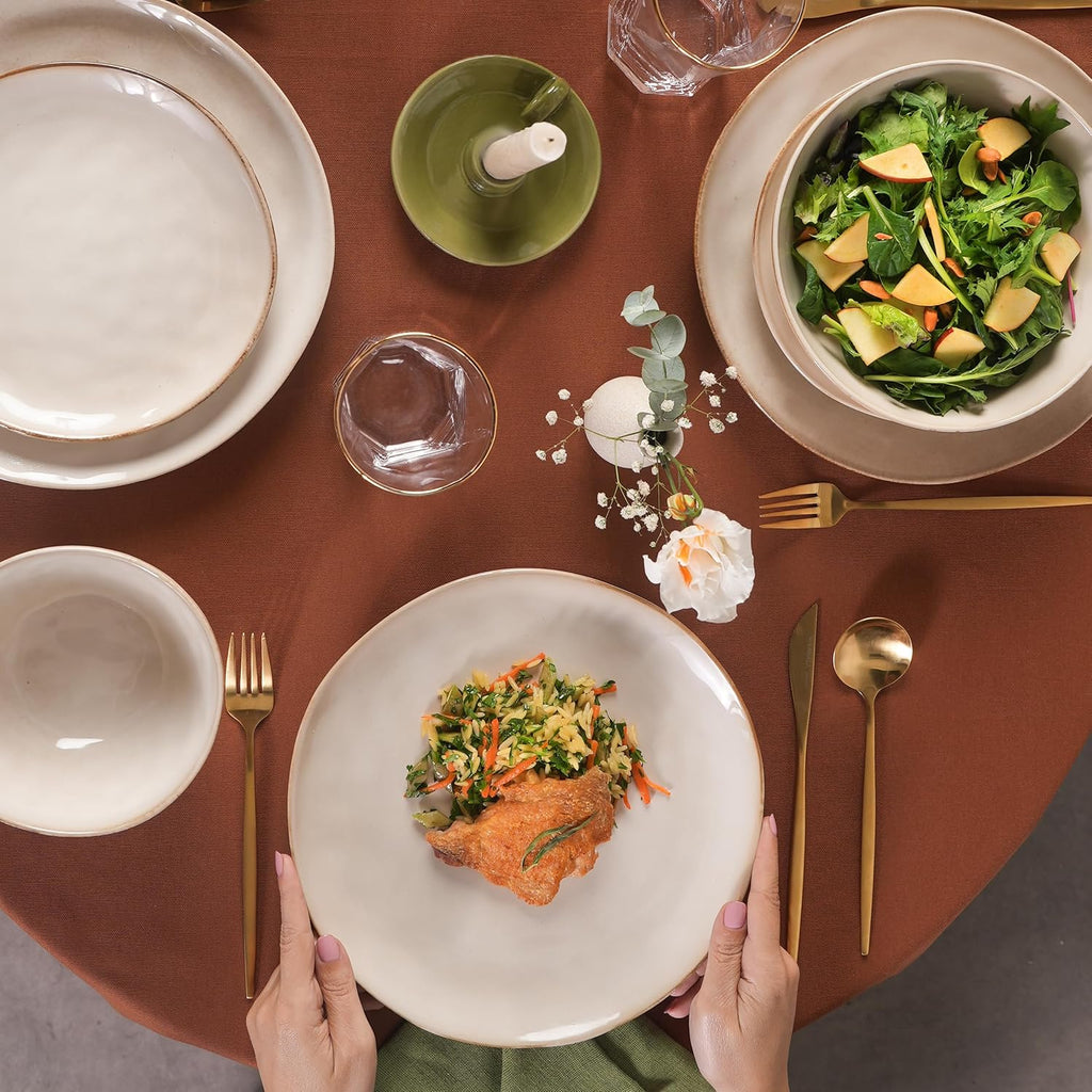 Karaca Aria Reactive Stoneware Plates & Bowls Sets - Ceramic Dinnerware Sets for 6, 24 Piece Microwave Safe Dish Set incl. Dinner Plate Set with Pasta Bowls, Side Plates and Cereal Bowl - Beige