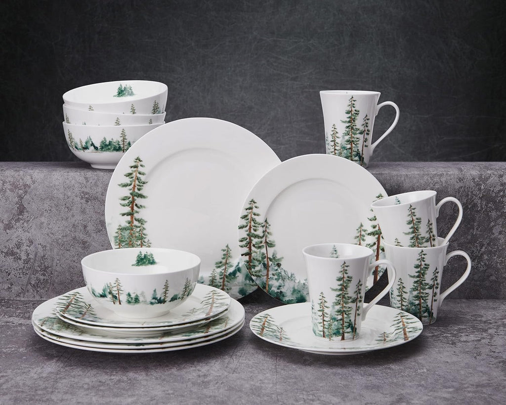 Mikasa Watercolor Forest Bone China Lightweight Chip Resistant 16 Piece Dinnerware Set, Service for 4, White