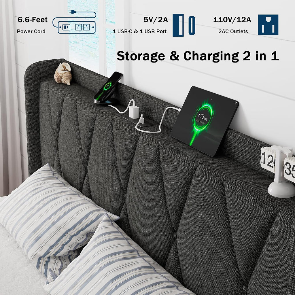 GalnFu King Size Bed Frame with 4 Storage Drawers, Upholstered Platform Bed with Charging Station, Modern Wingback Storage Headboard, Easy Assembly,Noise-Free, Dark Gray