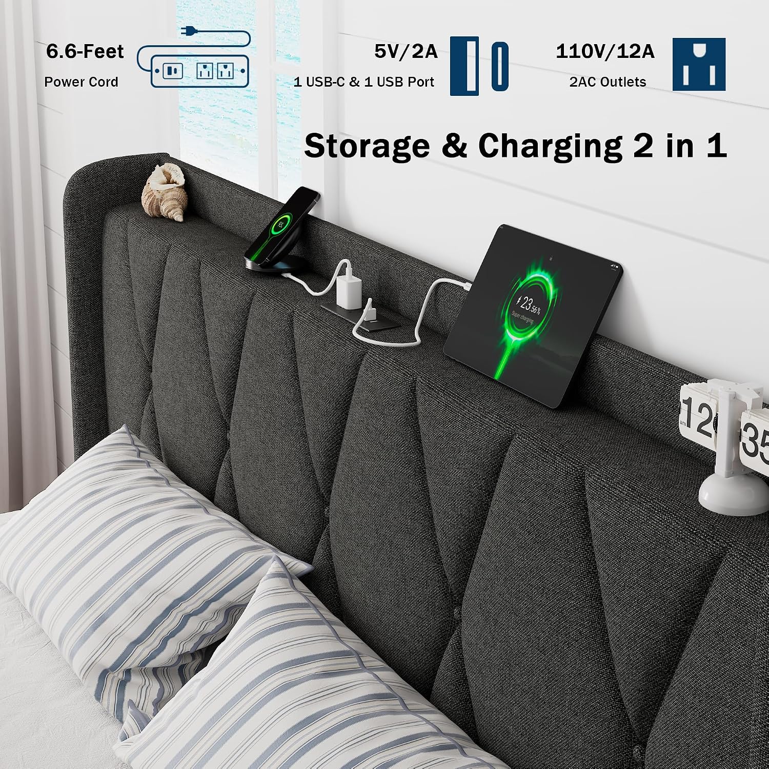 GalnFu King Size Bed Frame with 4 Storage Drawers, Upholstered Platform Bed with Charging Station, Modern Wingback Storage Headboard, Easy Assembly,Noise-Free, Dark Gray