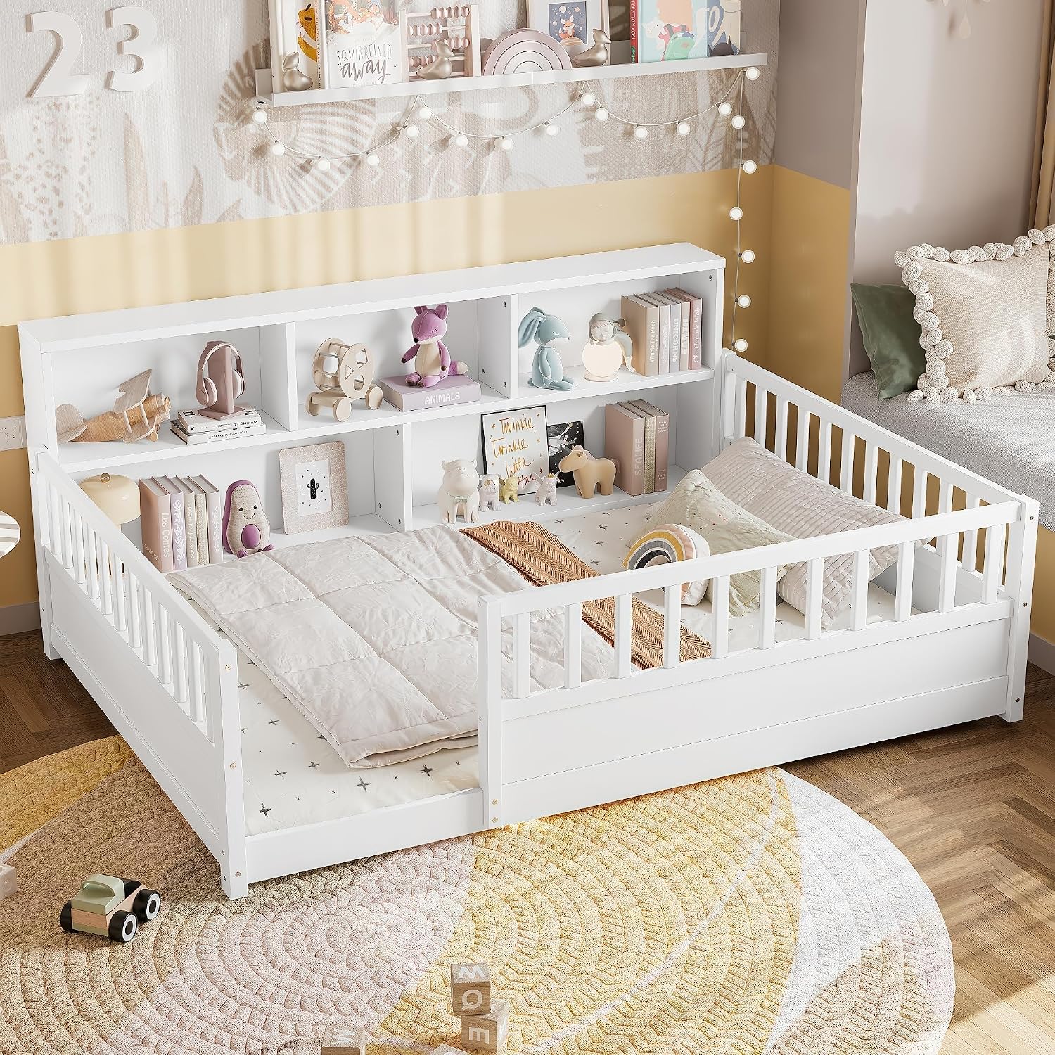 JIJIWANG Full Size Floor Bed for Kids, Wooden Montessori Bed Frame with Bookcase, Storage Shelves & Safety Fence Rails, Floor Beds Full for Girls, Boys, No Box Spring Needed, Without Slats, White