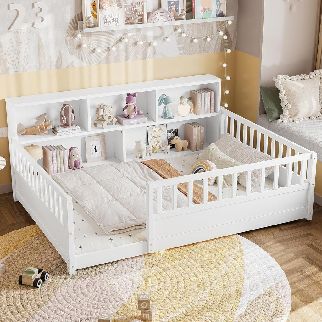 JIJIWANG Twin Size Floor Bed for Kids, Wooden Montessori Bed Frame with Bookcase, Storage Shelves & Safety Fence Rails, Floor Beds Full for Girls, Boys, No Box Spring Needed, Without Slats, White