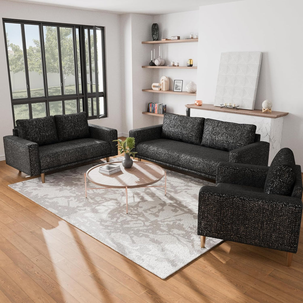 Furniture of America Oriana Contemporary Boucle Fabric 3-Piece Sofa Set with Back Pillows and Wooden Legs, Accent Furniture Sets for Living Room, Home Office, Bedroom, Lounge, Black