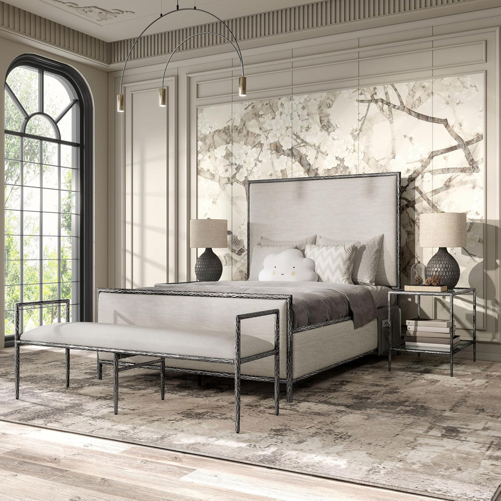 24/7 Shop at Home Lalia Hammered Metal 4-Piece Bedroom Collection, Upholstered Bed Frame with Beige Fabric Headboard, Bench and 1-Shelf Nightstands, Foundation Required, Full, Matte Grey