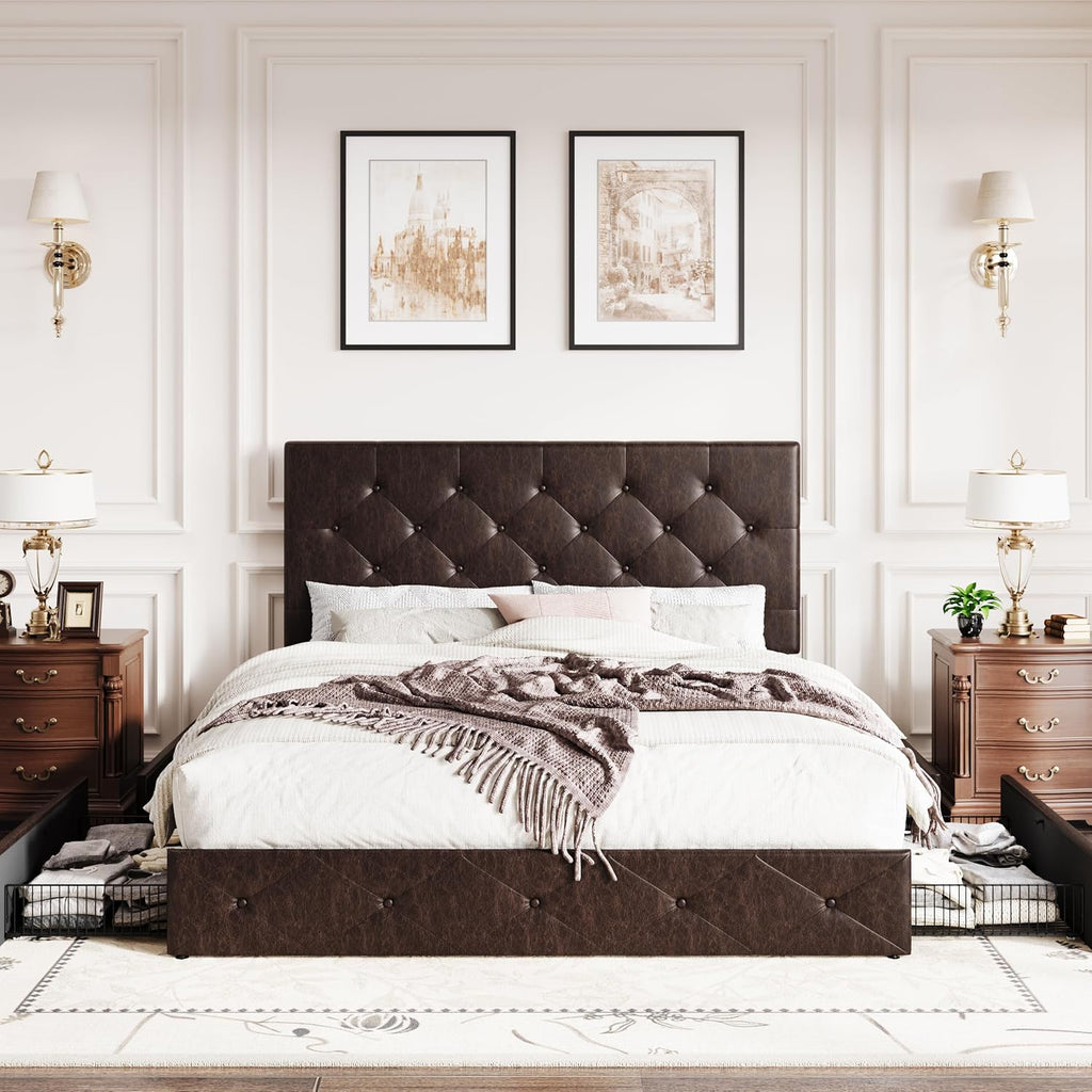 SHA CERLIN Upholstered Full Size Platform Bed Frame with 4 Storage Drawers, Adjustable Headboard with Diamond Stitched Button Tufted Design, Wooden Slat Support, No Box Spring Needed, Black Brown