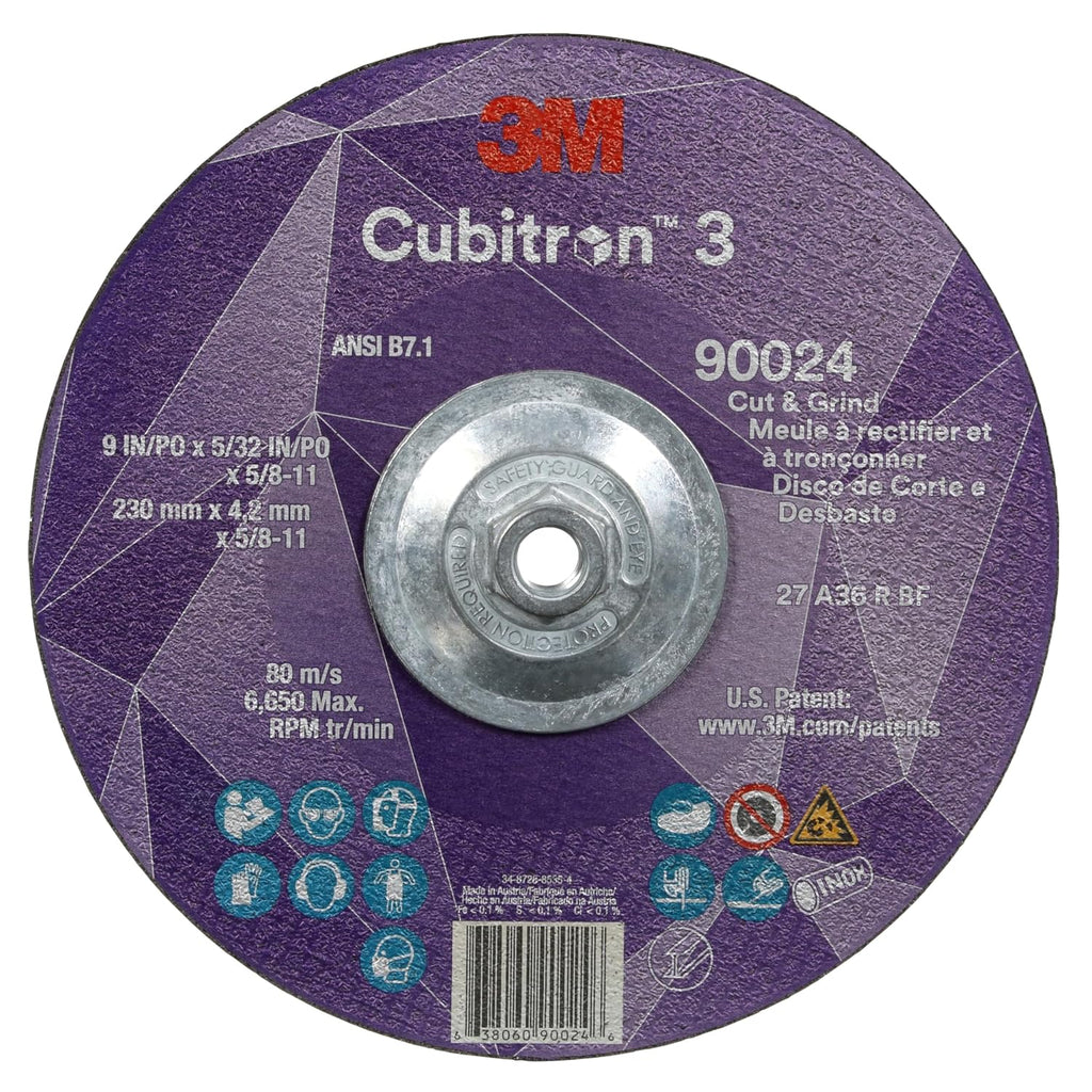 3M Cubitron 3 Cut and Grind Wheel, 90024, 36+, T27, 9 in x 5/32 in x 5/8 in-11, Pack of 10, ANSI, Longer Life, Faster Cut, Back-Gouging, Fillet Weld Removal, Cutting, Grinding