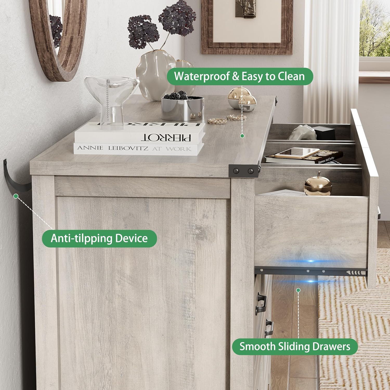 Dresser for Bedroom with 7 Drawers, 48' Wide Modern Chest of Drawers with Deep Drawers & Mental Handle, Wood Dresser TV Stand, Wooden Closet Storage Organizer for Living Room, Hallway, Entryway, Grey