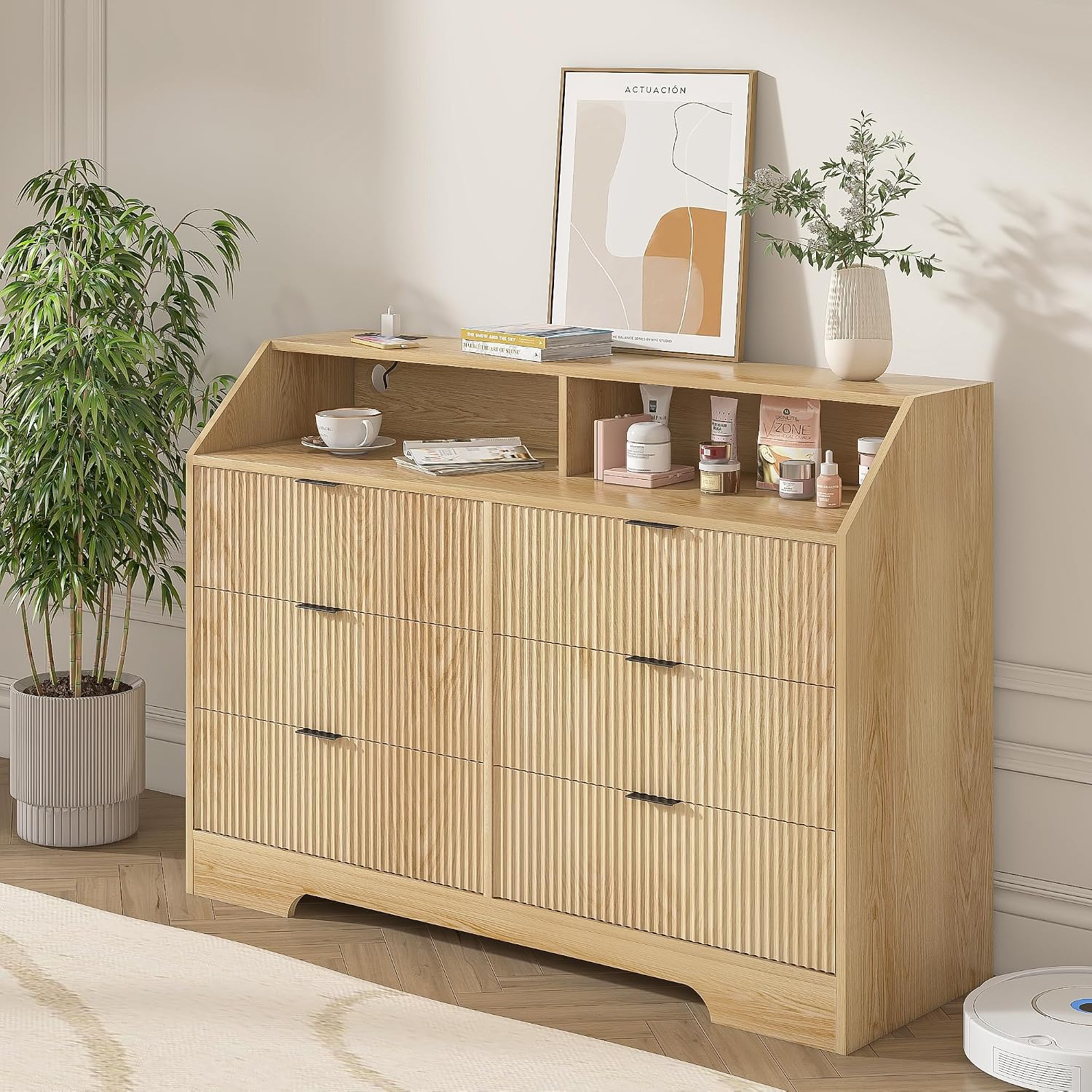 Fluted Dresser for Closet, Boho Bedroom 6 Drawer Dresser TV Stand with Charging Station, Oak Wide Chest of Drawers, Farmhouse Wood Closet Clothes Storage for Living Room, Metal Handle, 47'