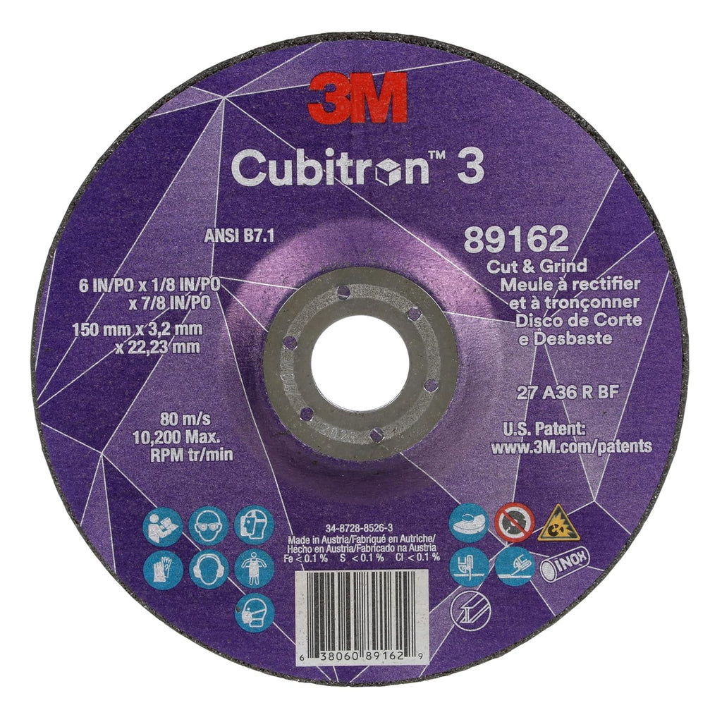 3M Cubitron 3 Cut and Grind Wheel, 89162, 36+, T27, 6 in x 1/8 in x 7/8 in, Pack of 10, ANSI, Longer Life, Faster Cut, Back-Gouging, Fillet Weld Removal, Cutting, Grinding