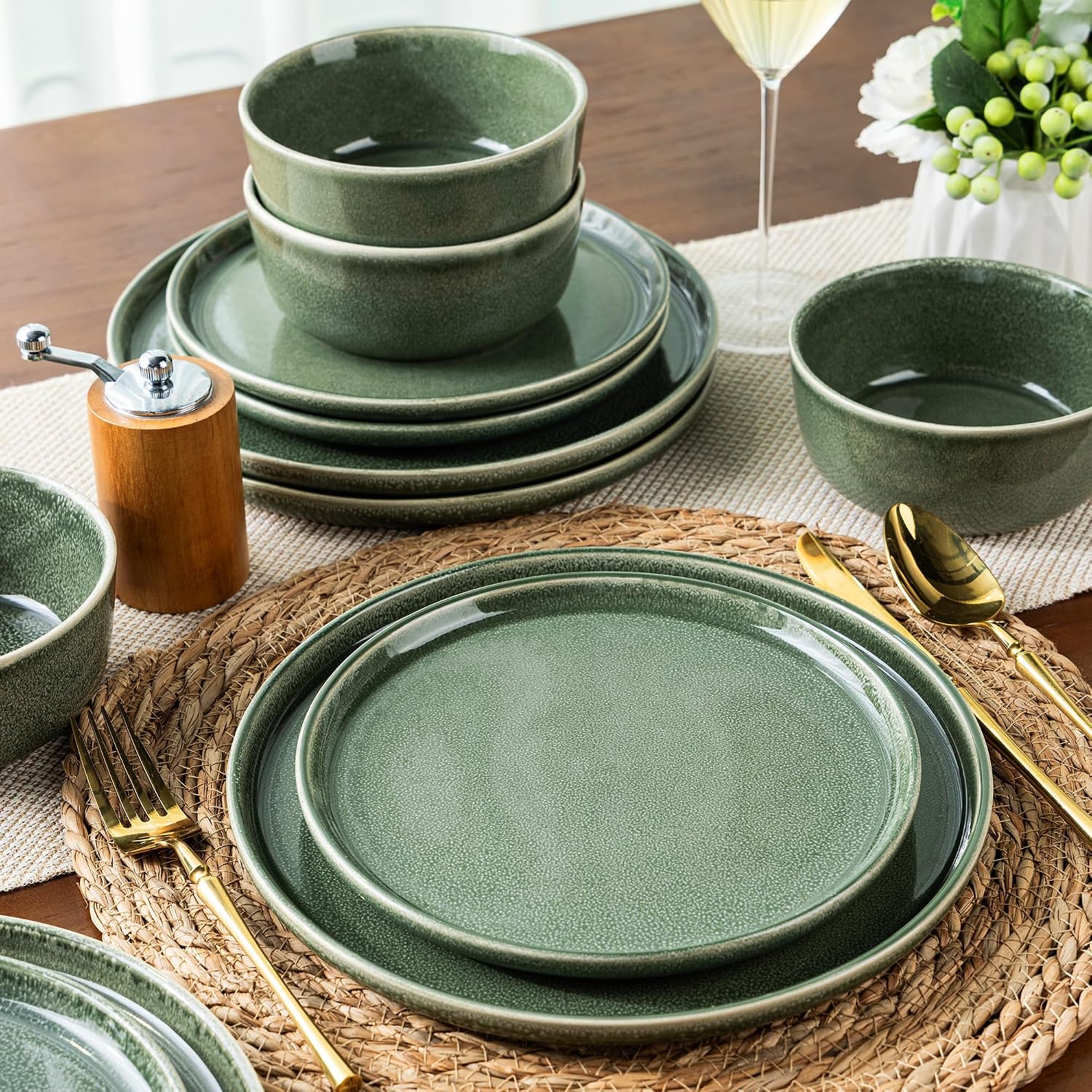 AmorArc Stoneware Dinnerware Sets,Round Reactive Glaze Ceramic Plates and Bowls Sets,Highly Scrath Resistant | Dishwasher & Microwave Safe,Service for 8 Dishes Set (24pc)