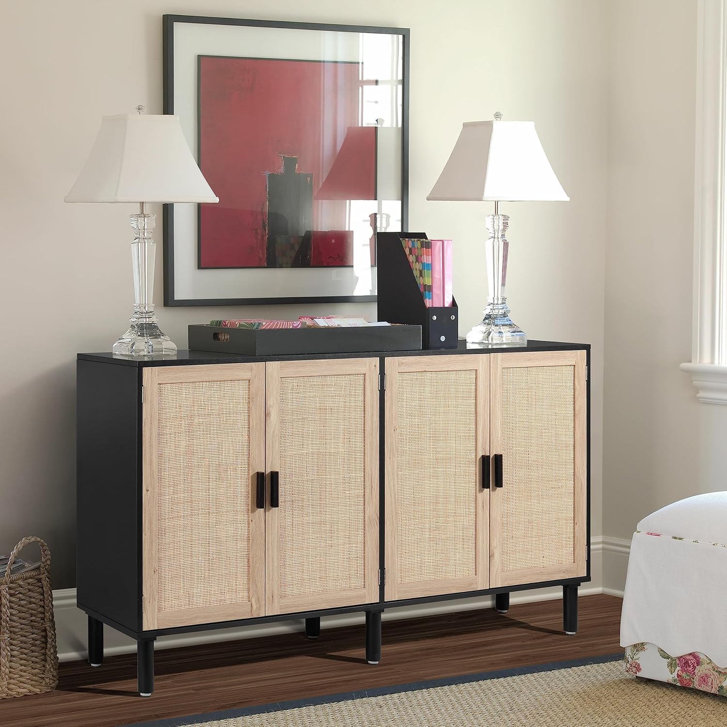 Finnhomy 4 Door Sideboard Buffet Cabinet, Kitchen Storage Cabinet with Rattan Decorated Doors, Cupboard Console Table, Boho Accent Liquor Cabinet, Bar Cabient, 62.3X 15.7X 34.6 Inches, Black