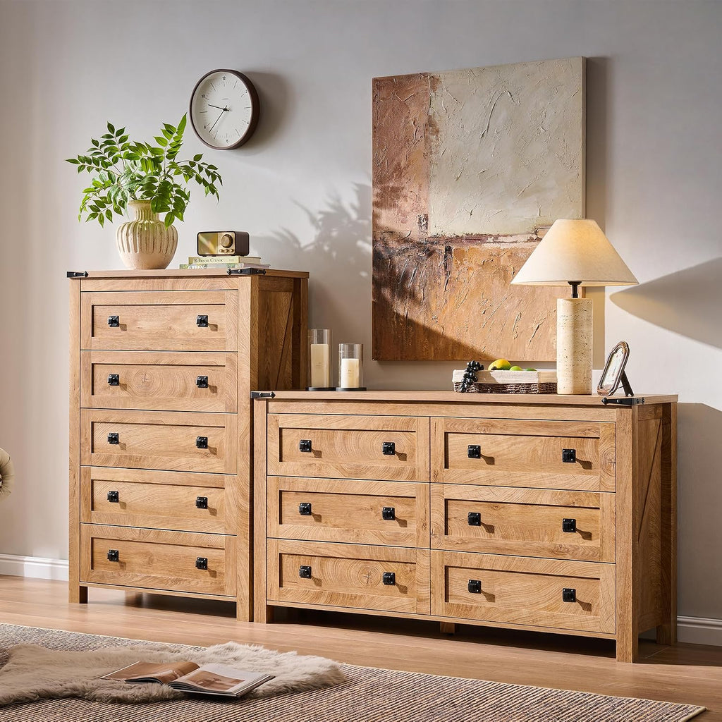 T4TREAM Farmhouse 6 Drawers Dresser for Bedroom, Wide 6 Chest of Drawers, Wood Rustic Double Dresser Organizer for Bedroom, Living Room, Hallway, Kids Room, Nursery Room, Light Knotty Oak