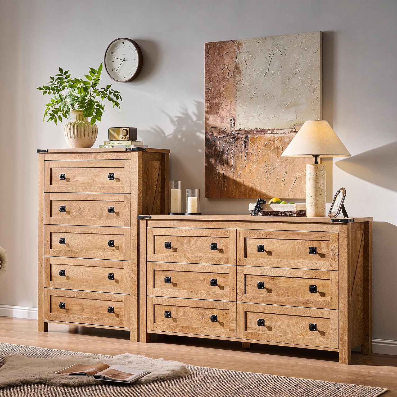 T4TREAM Farmhouse 6 Drawers Dresser for Bedroom, Wide 6 Chest of Drawers, Wood Rustic Double Dresser Organizer for Bedroom, Living Room, Hallway, Kids Room, Nursery Room, Light Knotty Oak