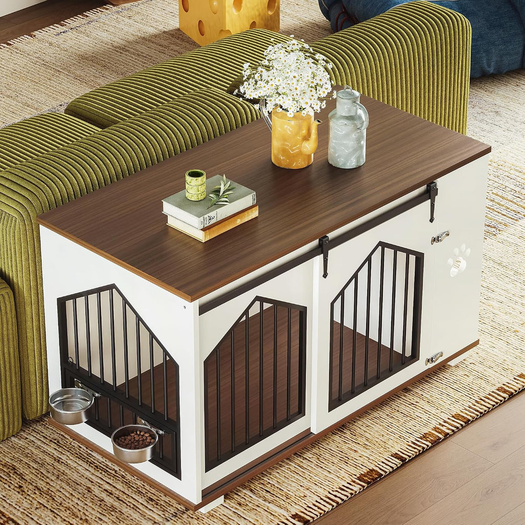 IRONCK Large Dog Crate Furniture with 2 Rotatable Dog Bowls, Wooden Dog Kennel with 2 Adjustable Shelves, Barn Doors Decorative Pet Cage Dog House as TV Stand, White