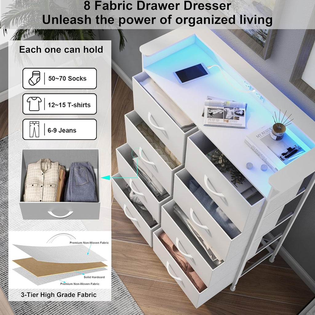 White Dresser for Bedroom with Power Outlets and LED Lights Narrow 8 Fabric Drawers Dressers Tall Storage Tower Unit for Entryway Closet Hallway Living Room Sturdy Steel Frame Wooden Top