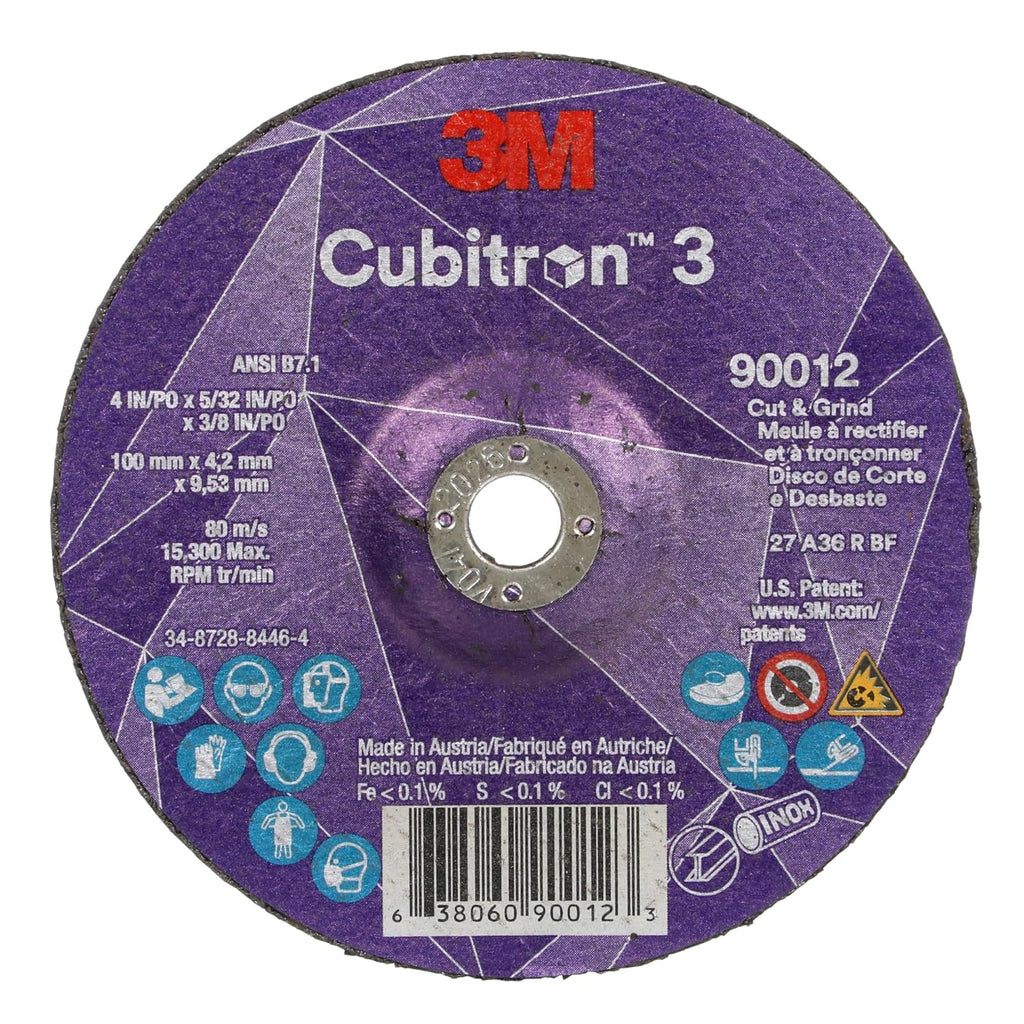 3M Cubitron 3 Cut and Grind Wheel, 90012, 36+, T27, 4 in x 5/32 in x 3/8 in, Pack of 10, ANSI, Longer Life, Faster Cut, Back-Gouging, Fillet Weld Removal, Cutting, Grinding
