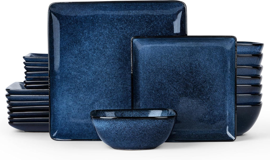 E-far Square Dinnerware Sets for 8, 24-Piece Stoneware Plates and Bowls Dishes Set, Reactive Glaze Porcelain Dishware Sets, Chip & Scratch Resistant, Microwave & Dishwasher Safe, Deep Sea Blue