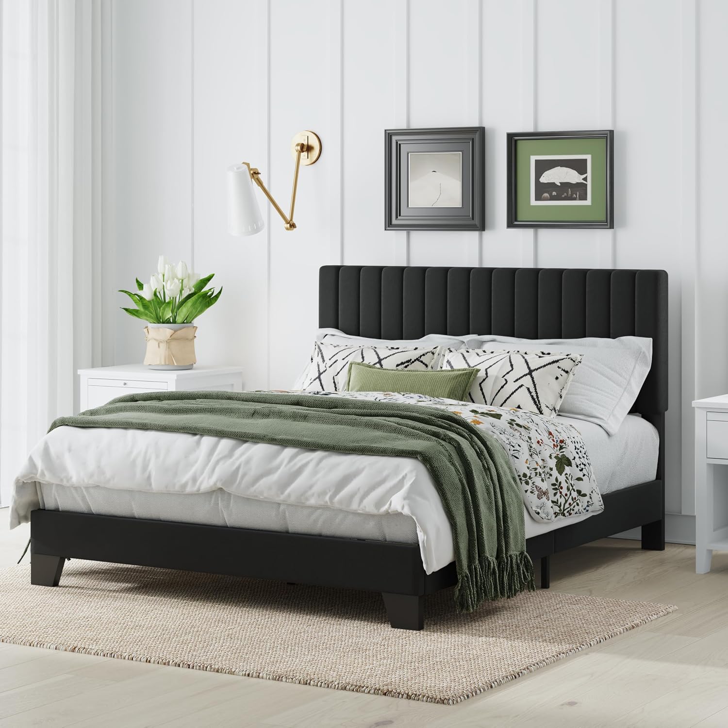 Queen Size Bed Frame, Velvet Upholstered Platform Bed with Adjustable Tufted Headboard, Sturdy Frame and Slats, Noiseless, No Box Spring Required, Easy to Assemble, Black