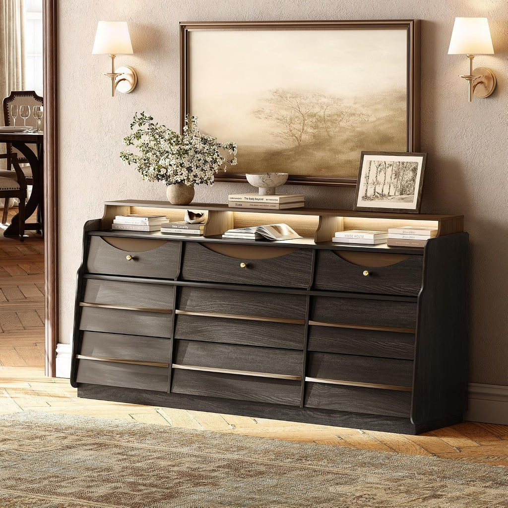 63' W 9-Drawer Black Dresser for Bedroom, Modern Wood Chest of Drawers w/LED Light, Round Knobs & Solid Wood Handles, Long Wooden Dresser TV Stand w/Shelf for TVs up to 75', Curved Profile Design