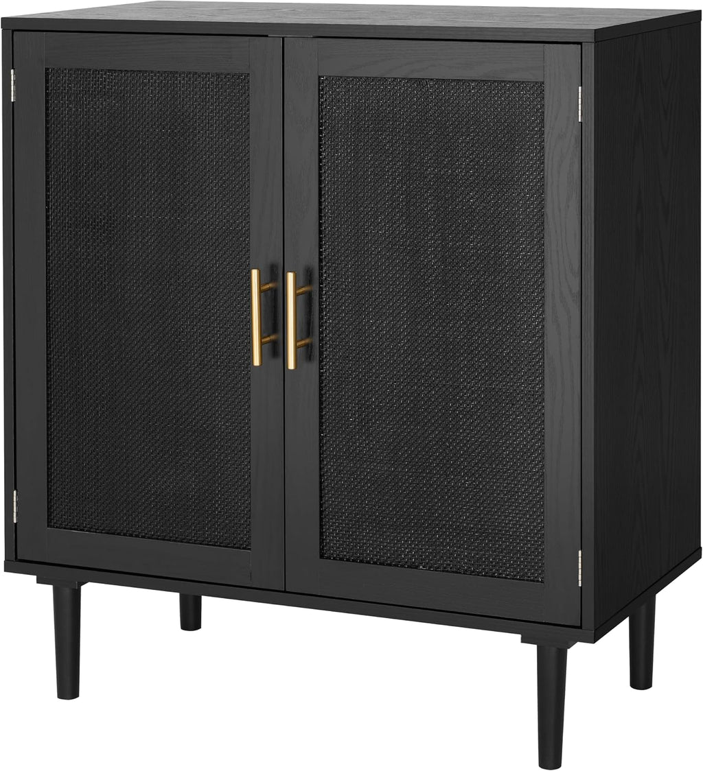 Finnhomy Sideboard Buffet Kitchen Storage Cabinet with Black Painted Rattan Decorated Doors, Dining Room, Hallway, Cupboard Console Table, Liquor/Accent Cabinet, 31.5X 15.8X 34.6 Inches, Black