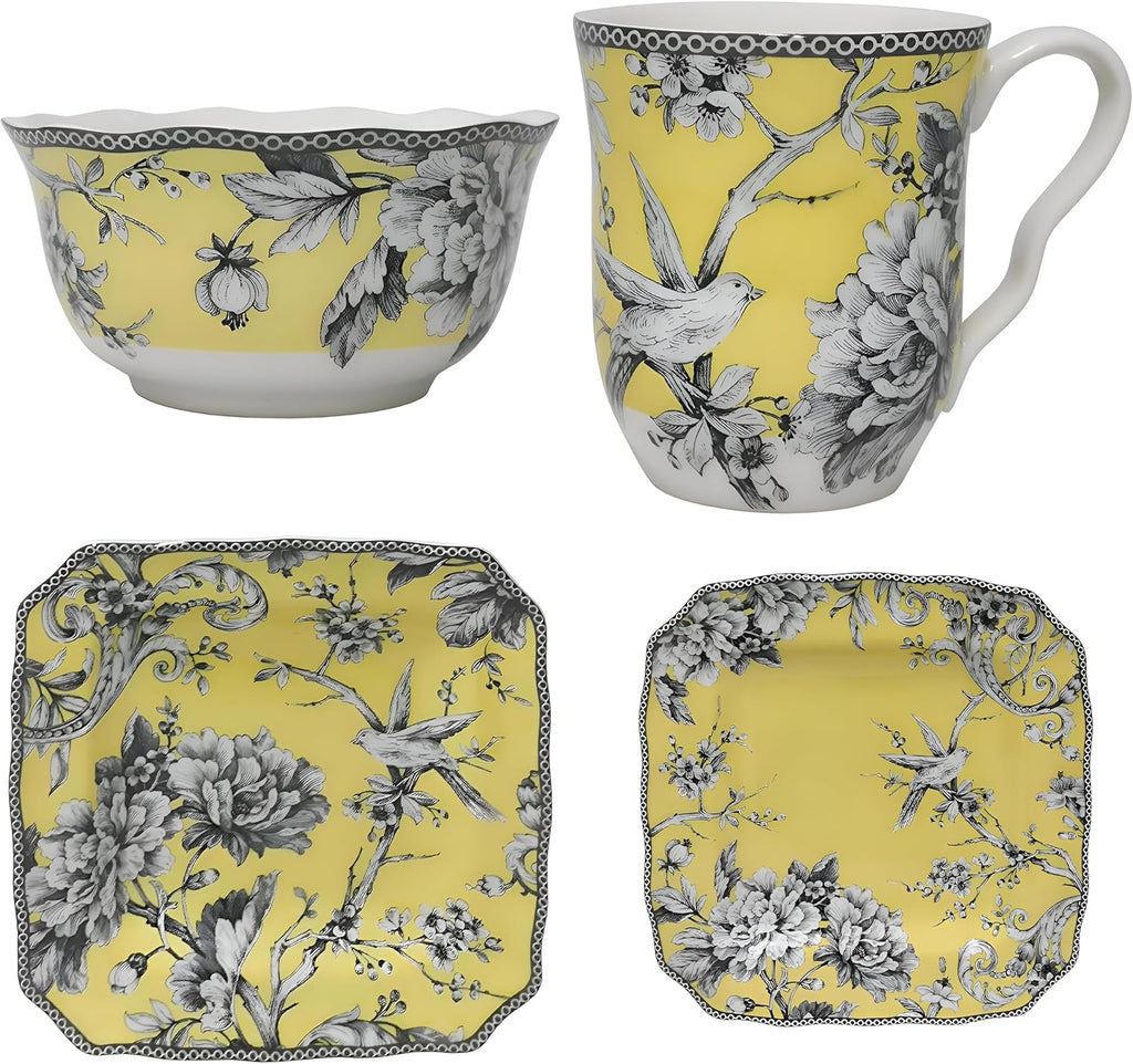 222 Fifth Adelaide Yellow 16-Piece Floral Porcelain Dinnerware Set | Microwave and Dishwasher Safe Dining Set for 4 | Stackable & Chip-Resistant Plates Bowls and Cups | Gift for Housewarming & Wedding