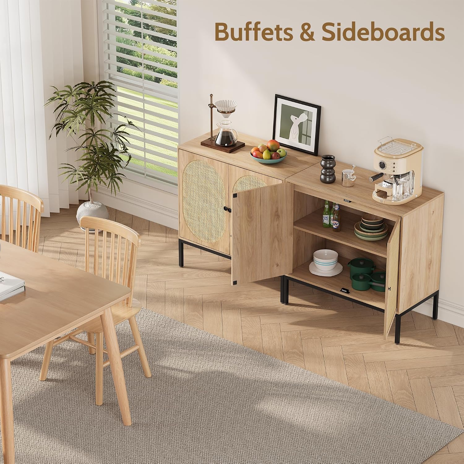 Yechen Set of 2 63' Sideboard Cabinet with Natural Rattan Hand-Woven Doors, Rattan Cabinet, Accent Buffet Storage Console Cane Credenza, for Living Room Entryway, Metal Legs/Natural