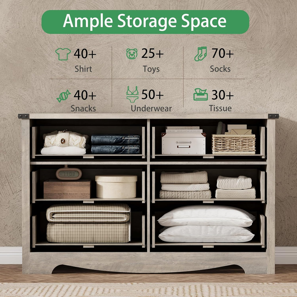 Dresser for Bedroom with 6 Drawers, 48' Wide Wood Chest of Drawers with Deep Drawers & Mental Handle, Modern Dresser TV Stand, Wooden Closet Storage Organizer for Living Room, Hallway, Entryway, Grey