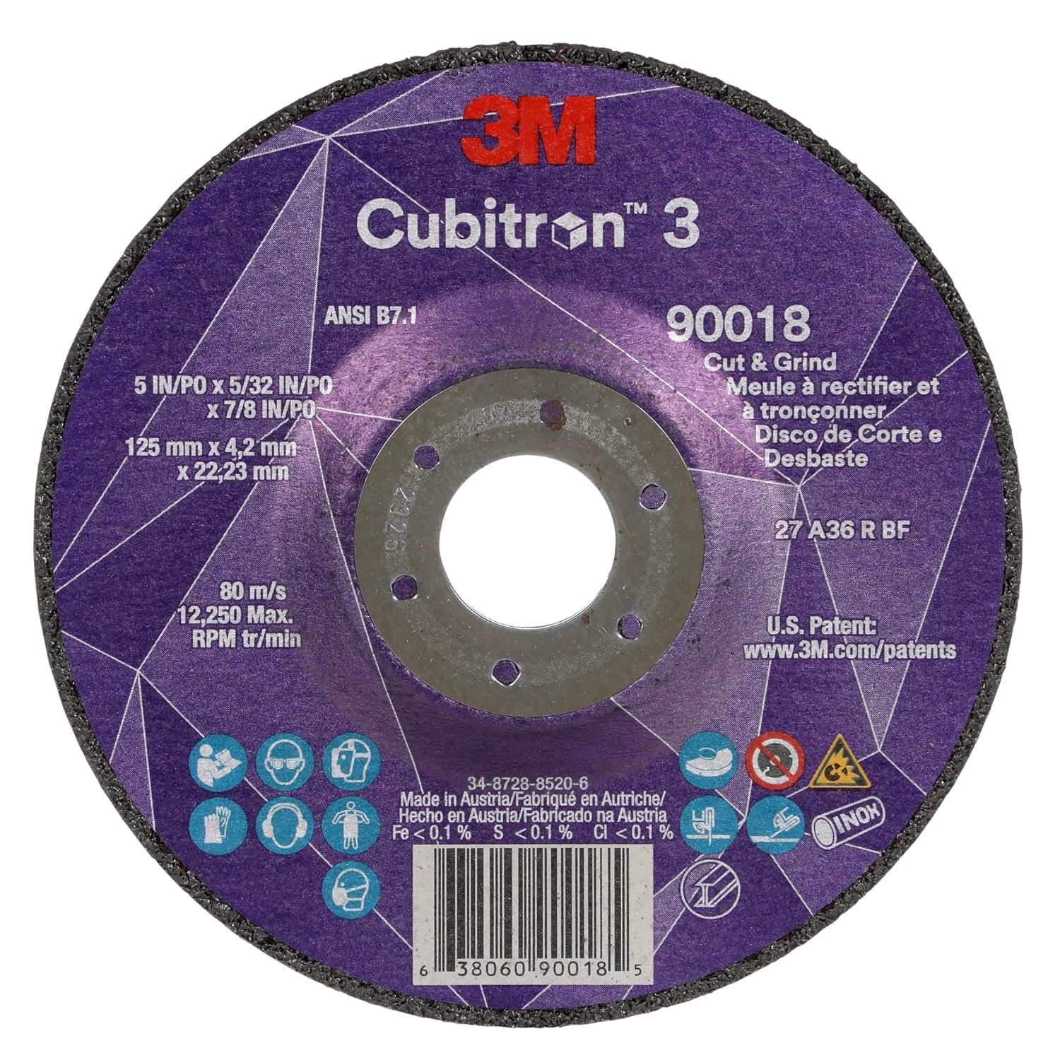 3M Cubitron 3 Cut and Grind Wheel, 90018, 36+, T27, 5 in x 5/32 in x7/8 in, Pack of 10, ANSI, Longer Life, Faster Cut, Back-Gouging, Fillet Weld Removal, Cutting, Grinding
