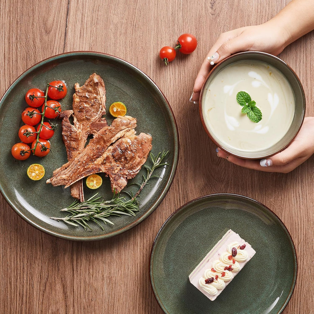 Pokini 24 Piece Dinnerware Sets for 8, Modern Stoneware Plates and Bowls Setst, Perfect for Family Gatherings & Holiday Celebrations, Easy Cleaning Dishes Set, Stack Compactly Dishware, Brown Green