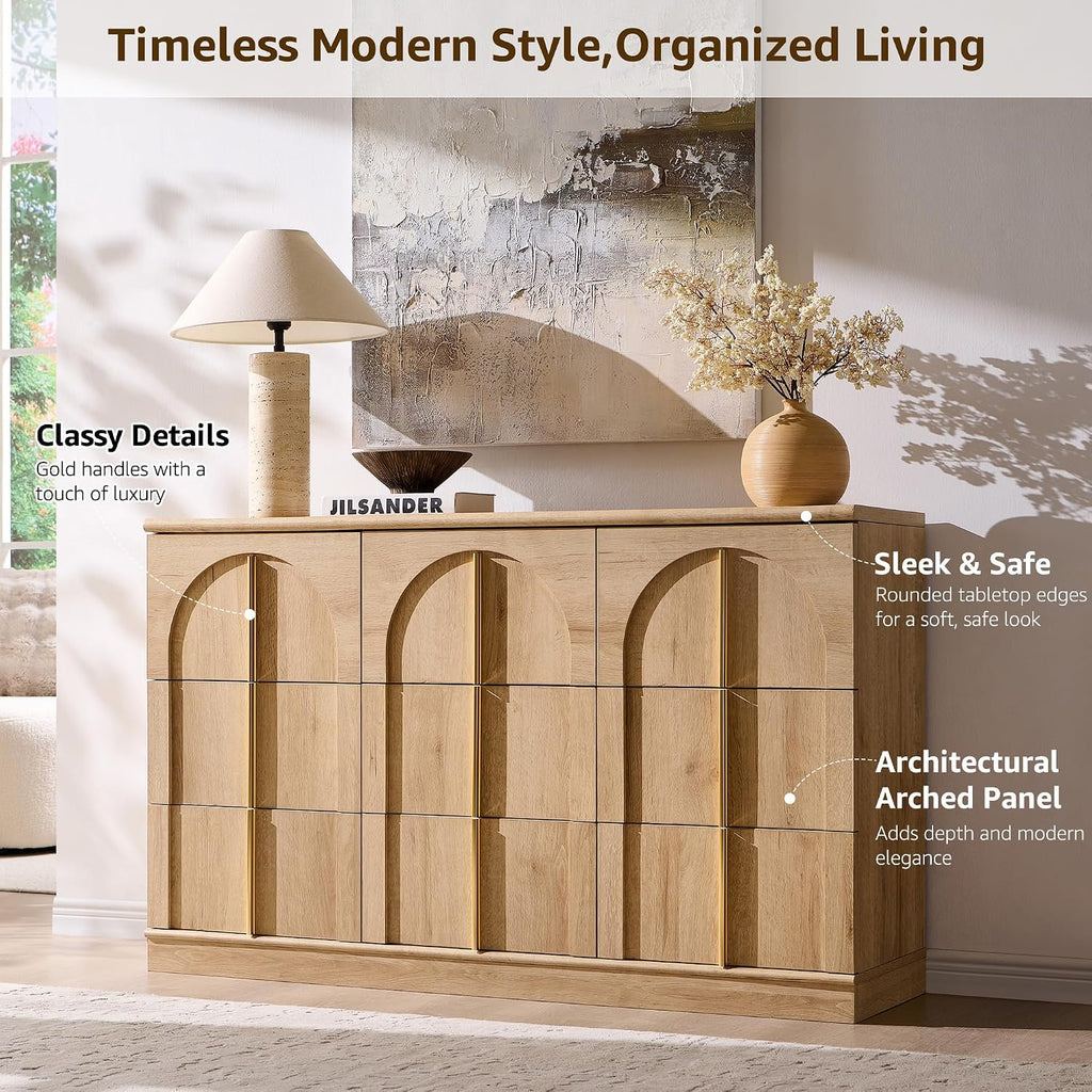 ACCOHOHO Arched Dresser for Bedroom with 9 Drawers, 52' Wide Modern Chest of Drawers with Rounded Edge & Metal Handles, Wood Storage Closet Dressers TV Stand for Living Room, Hallway, Natural Oak