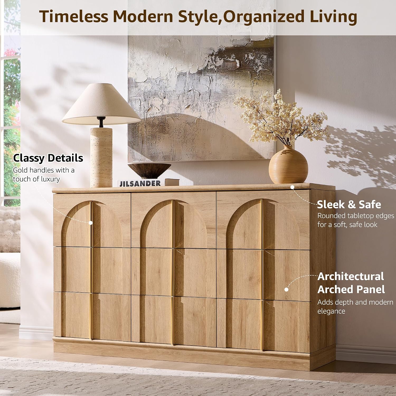 ACCOHOHO Arched Dresser for Bedroom with 9 Drawers, 52' Wide Modern Chest of Drawers with Rounded Edge & Metal Handles, Wood Storage Closet Dressers TV Stand for Living Room, Hallway, Natural Oak