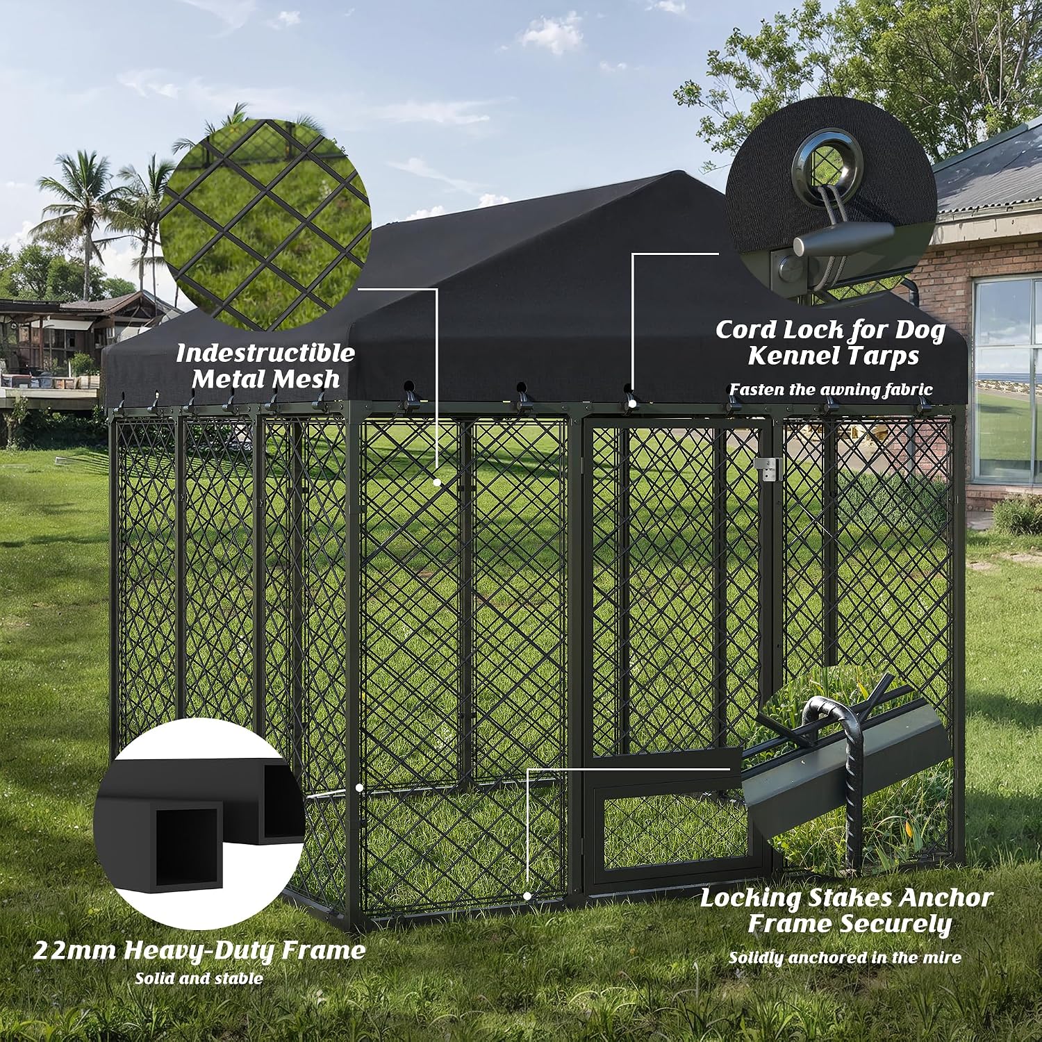6x6FT Dog Kennel Outdoor with Roof - Heavy Duty Metal Fence Playpen for Large Dogs, Weatherproof Enclosure with Double Lock Gate & Feeding Swivel Door