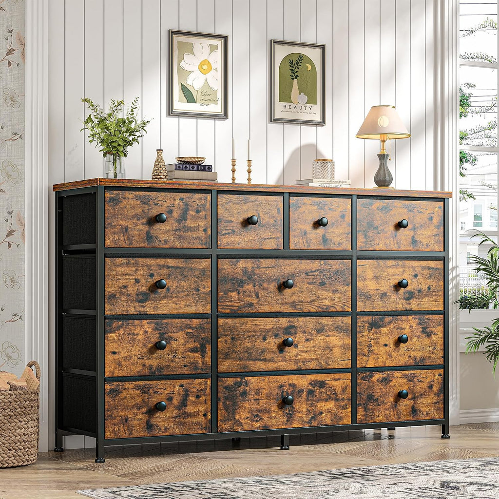 EnHomee Dresser for Bedroom with 13 Fabric Dresser, TV Stand for 40,50,55 inch Tv, Dressers & Chest of Drawers for Living Room, Hallway, Entryway, Apartment Metal Frame, Rustic Brown