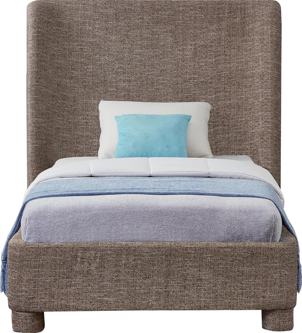 Meridian Furniture B1205Brown-T Penny Collection Modern | Contemporary Twin Bed with Rich Brown Linen Textured Fabric, Curved Headboard, 52' W x 82.5' D x 52' H, Brown, Twin