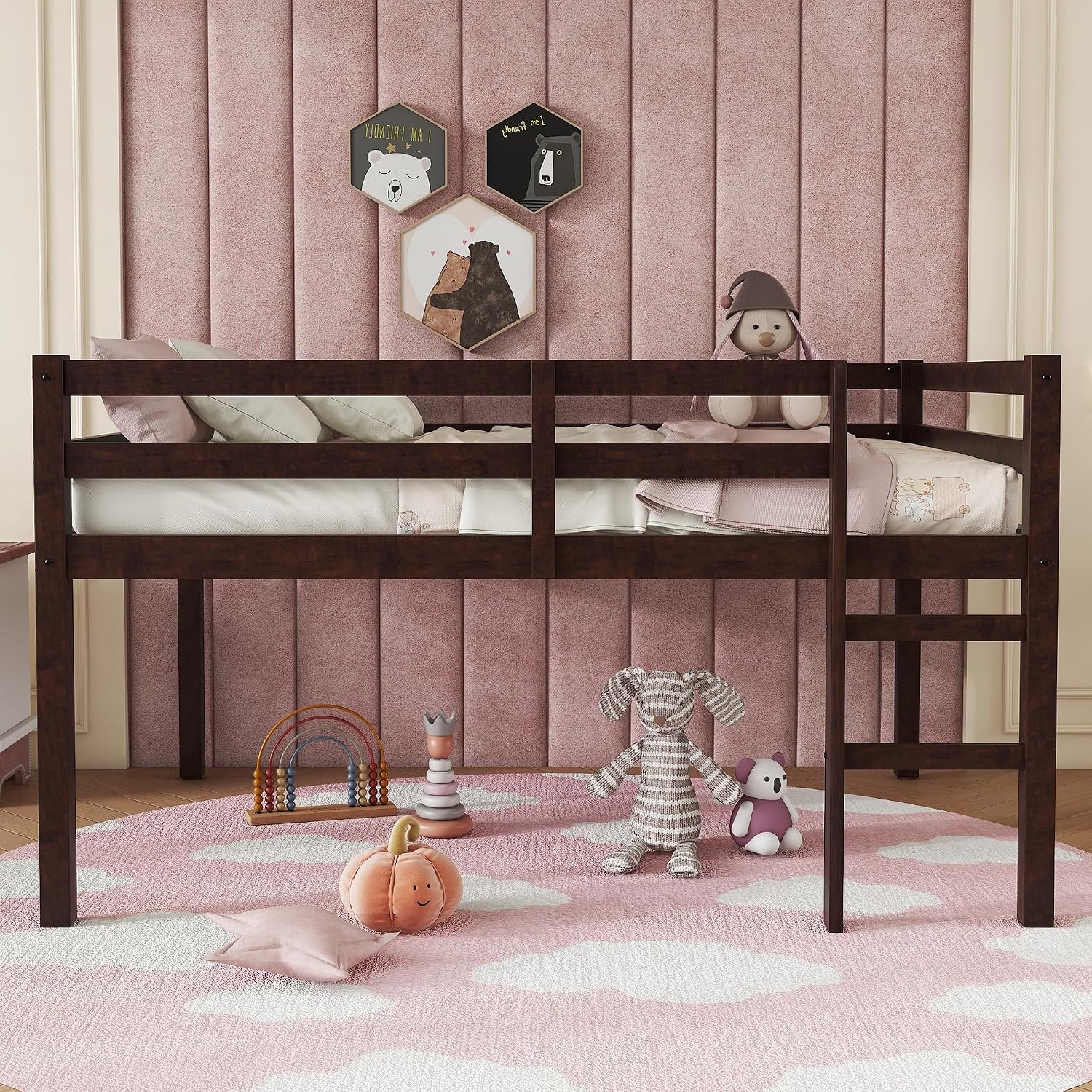 JIVOIT Full Size Bed Frame, Rubber Wood Loft Bed with Ladder, Low Height Design Loft Bed, Central Strengthened Support Slat, No Box Spring Needed