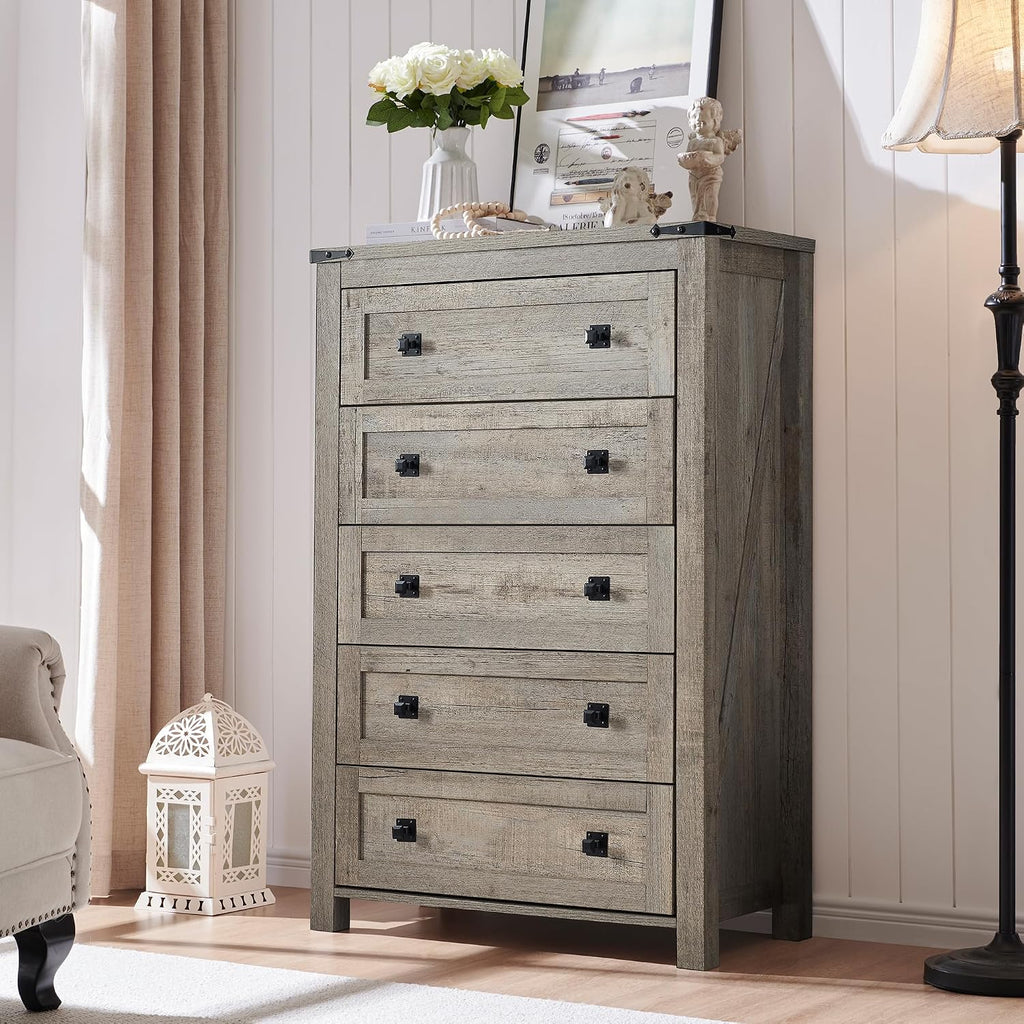 RedLemon Farmhouse 5 Drawer Dresser, 48' Tall Rustic Chest of Drawers, Wood Dresser for Bedroom, Living Room, Hallway, Light Rustic Oak