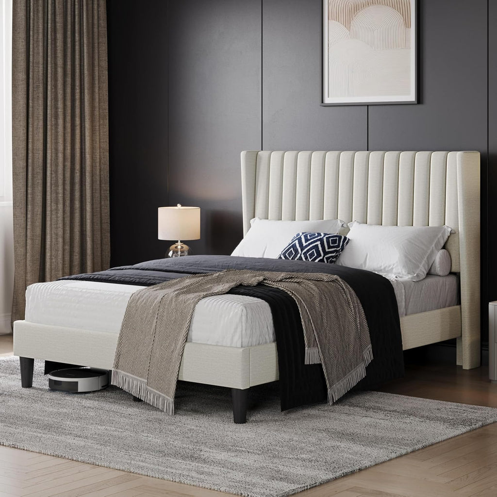 Yaheetech Full Bed Frame Upholstered Platform Bed with Fabric Headboard, Wing Edge Design/Non-Slip and Noise-Free/Wooden Slats Support/No Box Spring Needed/Easy Assembly, Ivory Full Bed