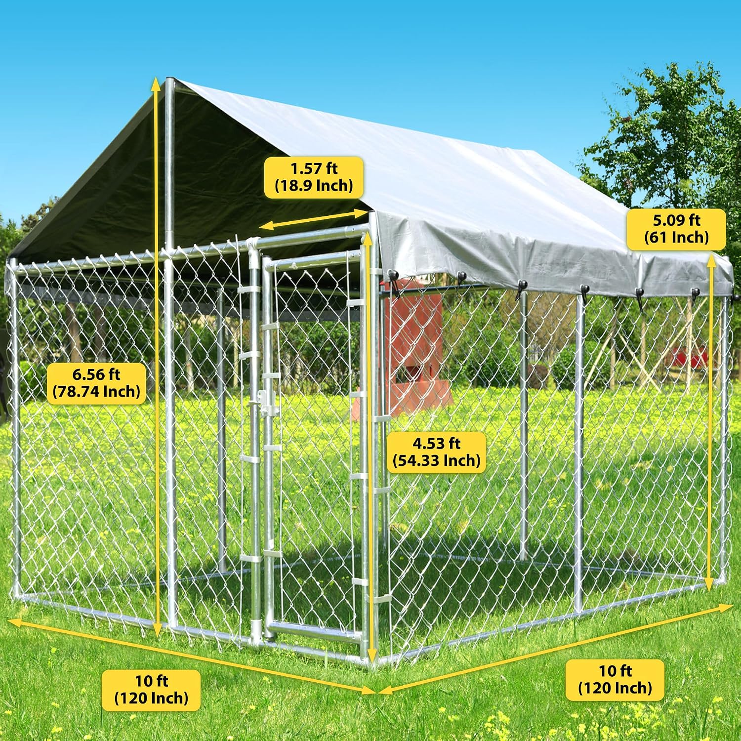 10'x10'x6.56' Large Outdoor Dog Kennel with Roof, Heavy Duty Outside Dog Run Enclosure Dog Pen House Pet Playpen with Galvanized Chain Link, Lockable Door, Waterproof Cover, for Small and Large Dogs
