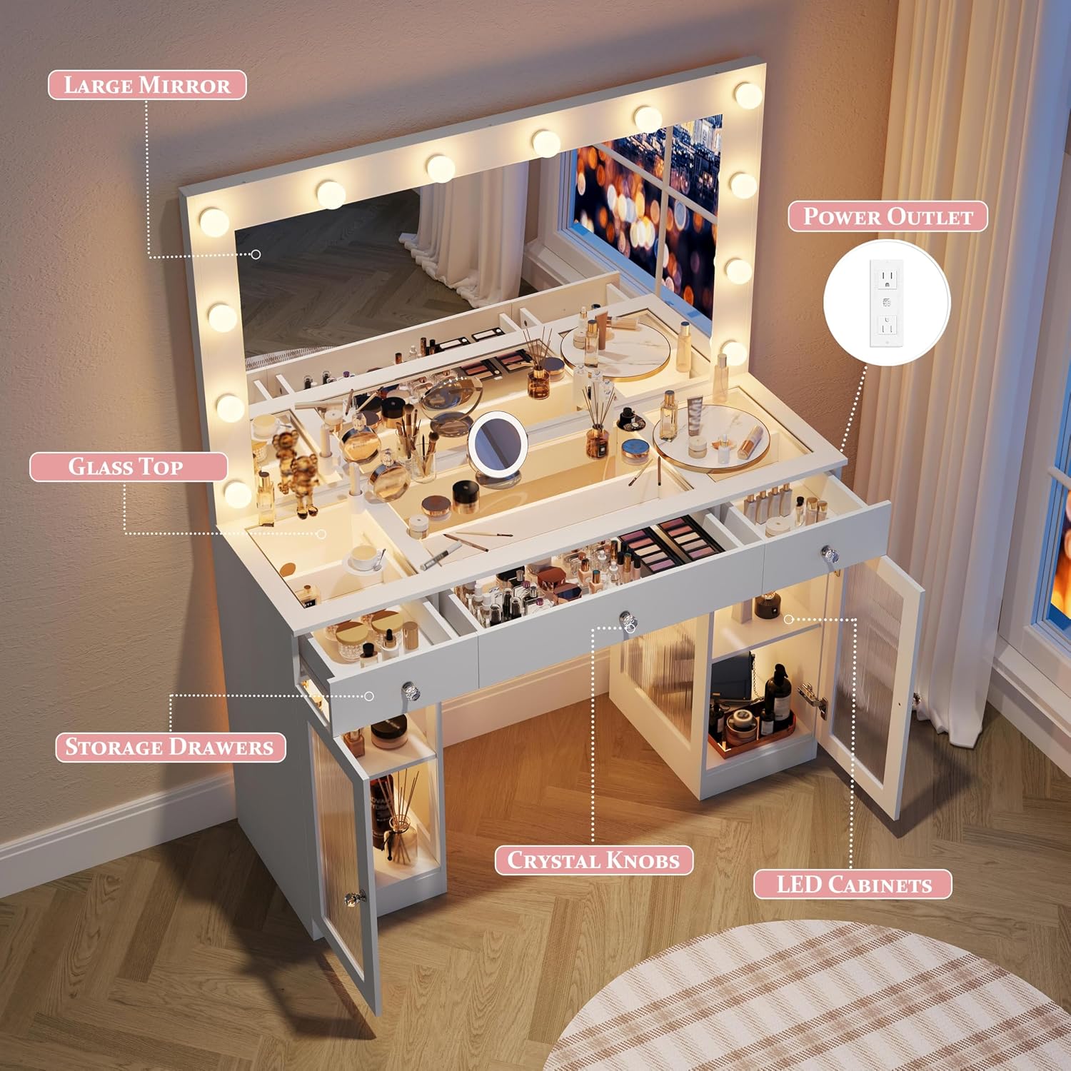 IFSEB Vanity Desk with Large Mirror and Lights, Glass Top Makeup Vanity with Lights & Power Outlet for Bedroom, 3 Color Lighting Modes, White Dressing Table for Women