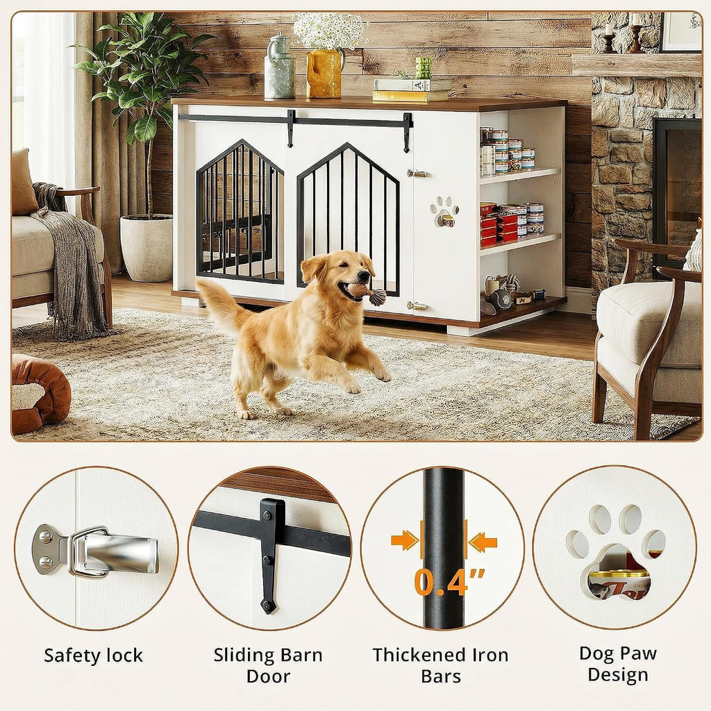 IRONCK Large Dog Crate Furniture with 2 Rotatable Dog Bowls, Wooden Dog Kennel with 2 Adjustable Shelves, Barn Doors Decorative Pet Cage Dog House as TV Stand, White