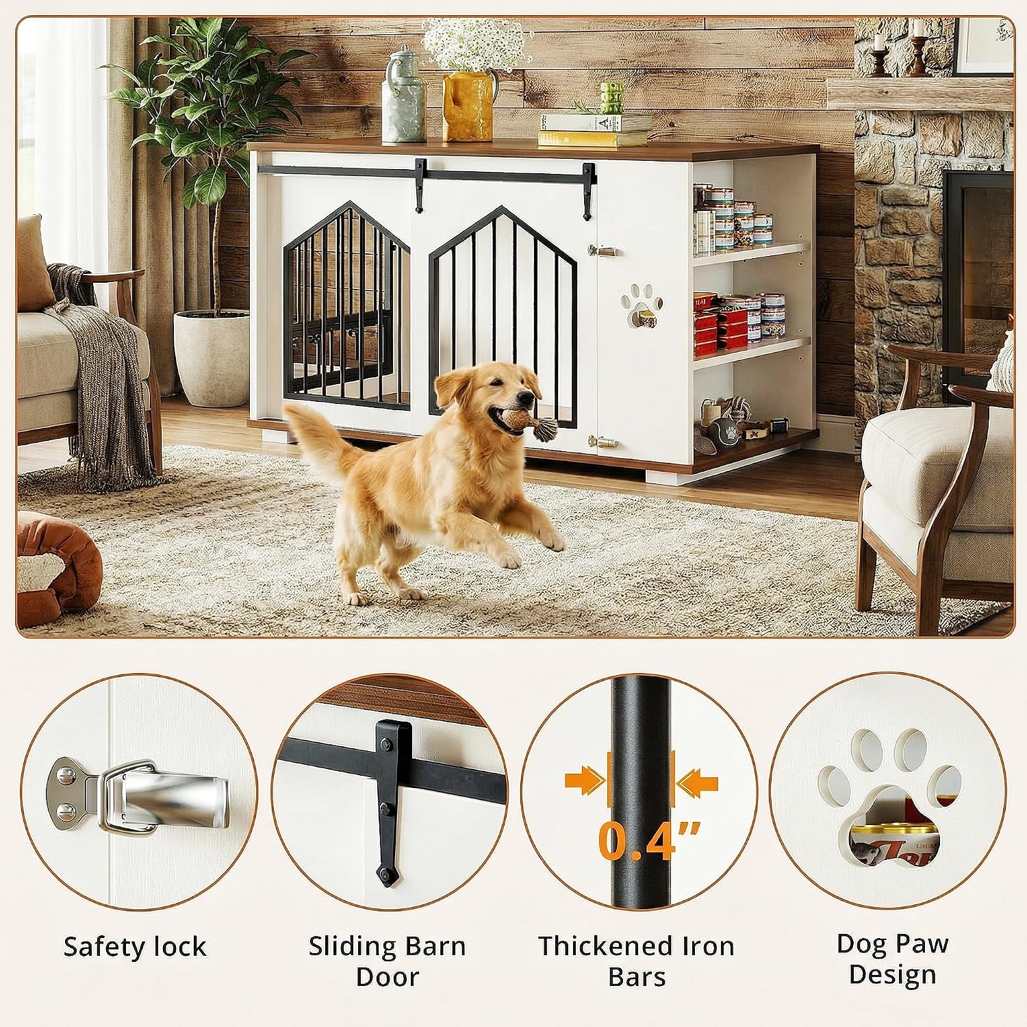 IRONCK Large Dog Crate Furniture with 2 Rotatable Dog Bowls, Wooden Dog Kennel with 2 Adjustable Shelves, Barn Doors Decorative Pet Cage Dog House as TV Stand, White