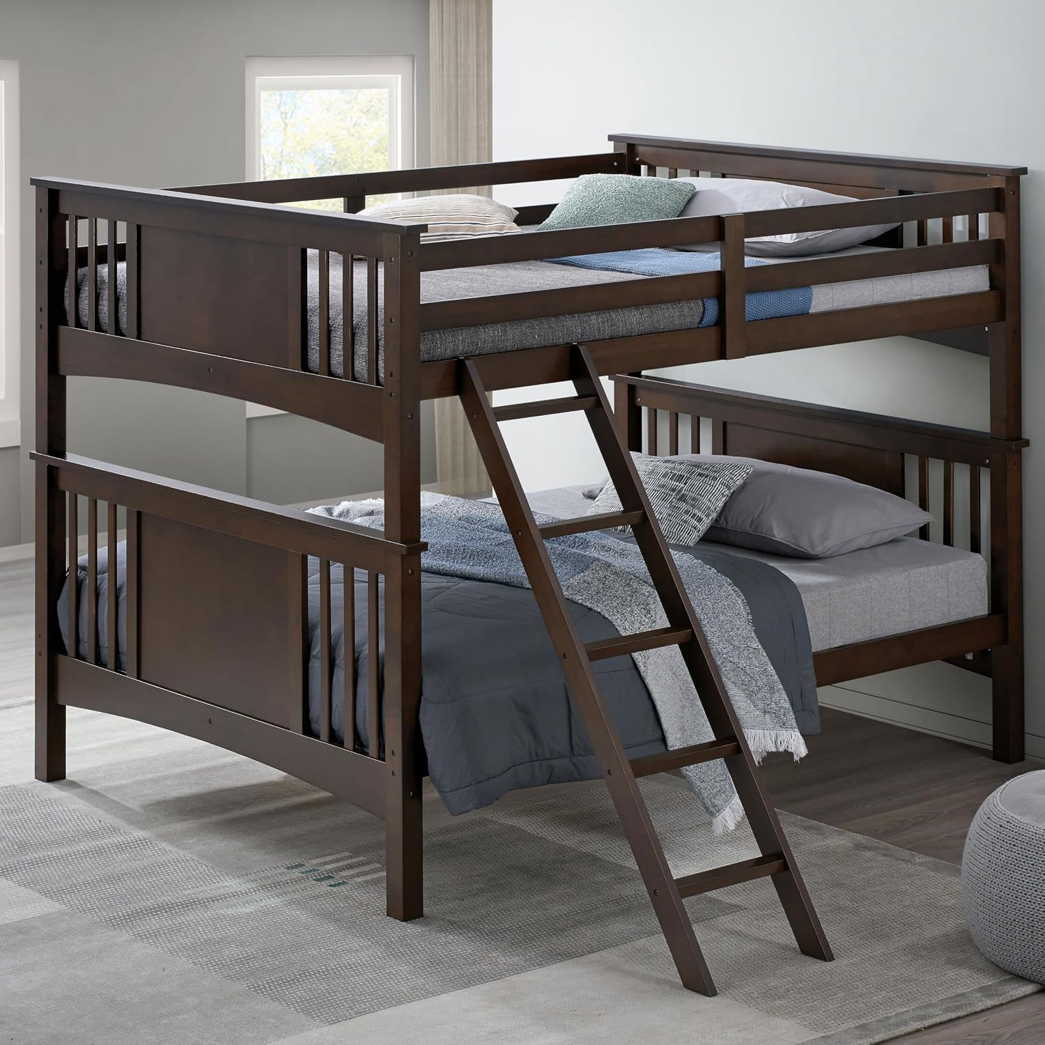 Furniture of America Althea Modern Solid Wood Full Over Full Bunk Bed with Angeled Ladder, No Box Spring Required, for Kids, Boys, Girls, Bedroom, Dorm, Dark Walnut