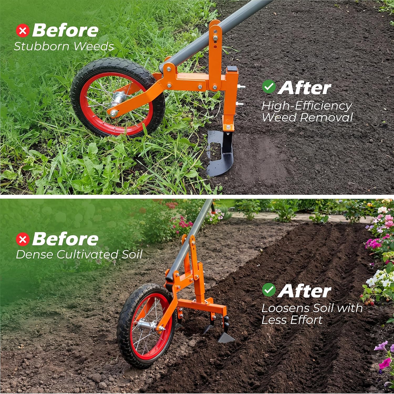 Walensee 2-in-1 Manual Wheel Hoe Garden Cultivator, Push Plow with Adjustable Long Handle 51.9–64.9 in, Dual Tools for Soil Loosening & Weeding, Heavy Duty Steel Frame, Lawn & Garden Tiller