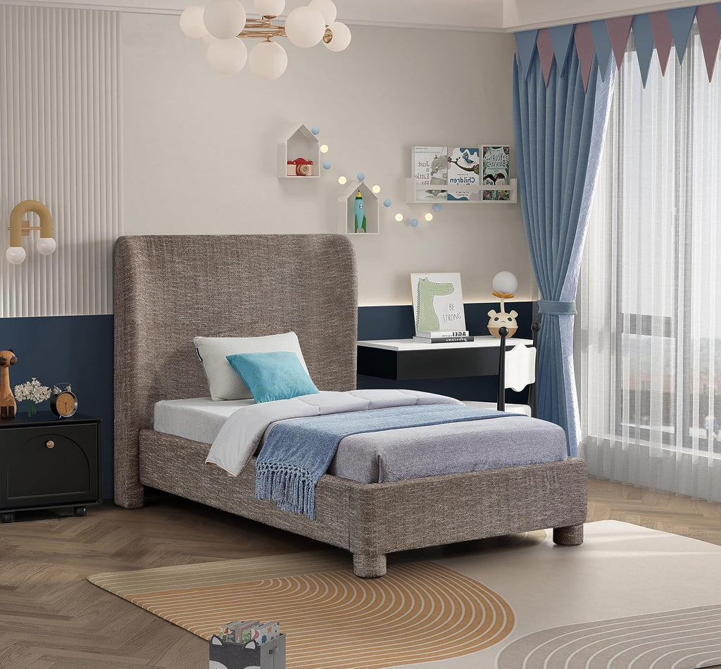 Meridian Furniture B1205Brown-T Penny Collection Modern | Contemporary Twin Bed with Rich Brown Linen Textured Fabric, Curved Headboard, 52' W x 82.5' D x 52' H, Brown, Twin