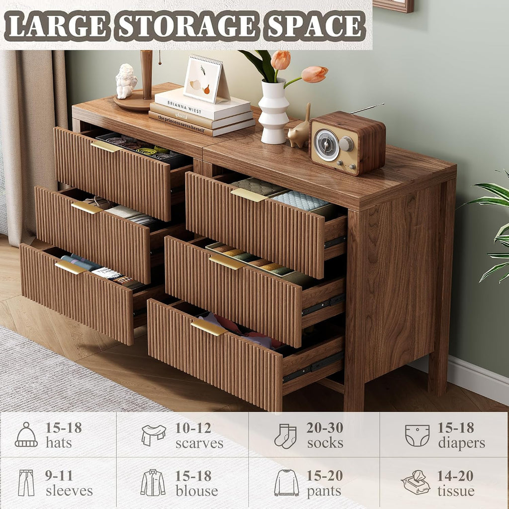 Nightstand with 6 Drawers, Dresser and Nightstand Sets, Bedside Tables, Mid Century Nightstands with 6 Wide Drawers for Bedroom, Kids' Room, Hallway, （Walnut X 2pcs）