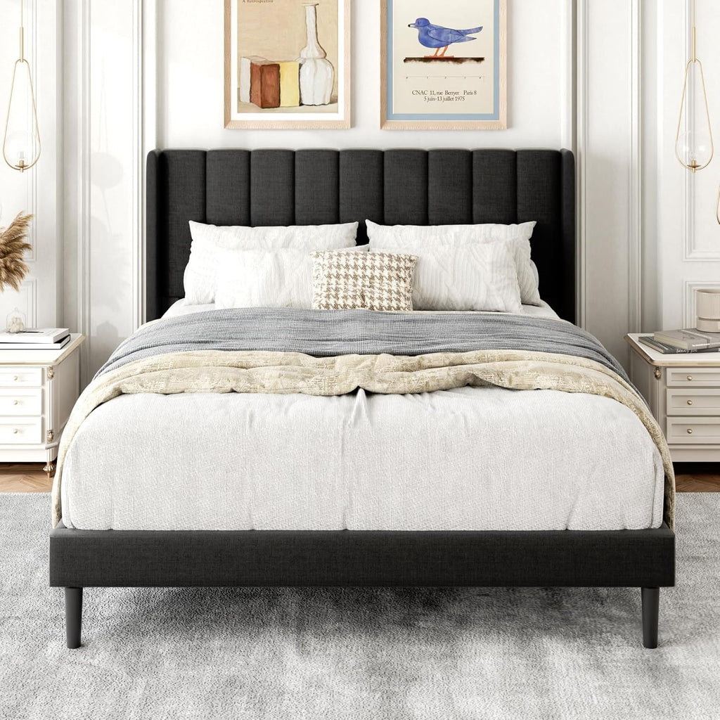 Gruwans Full Size Bed Frame with Upholstered Wingback Headboard, Easy Assemnly Platform Bed, Wooden Slat Support No Box Spring Needed, Dark Gray